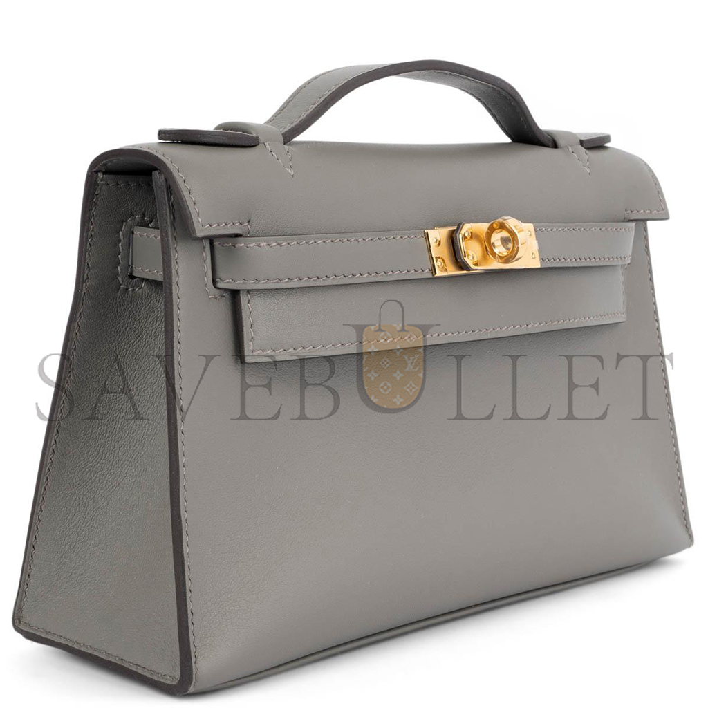 HERMÈS MASTER GRIS MEYER GRAY SWIFT LEATHER KELLY POCHETTE CLUTCH BAG W GOLD (22*14*7cm) 